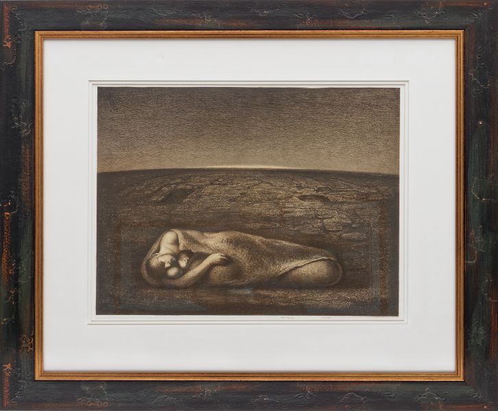 Mor og barn i øde landskap av Odd Nerdrum